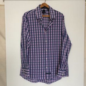 English Laundry Dress Shirt Sz 17 34/35 Blue White Purple Checkered Long Sleeve